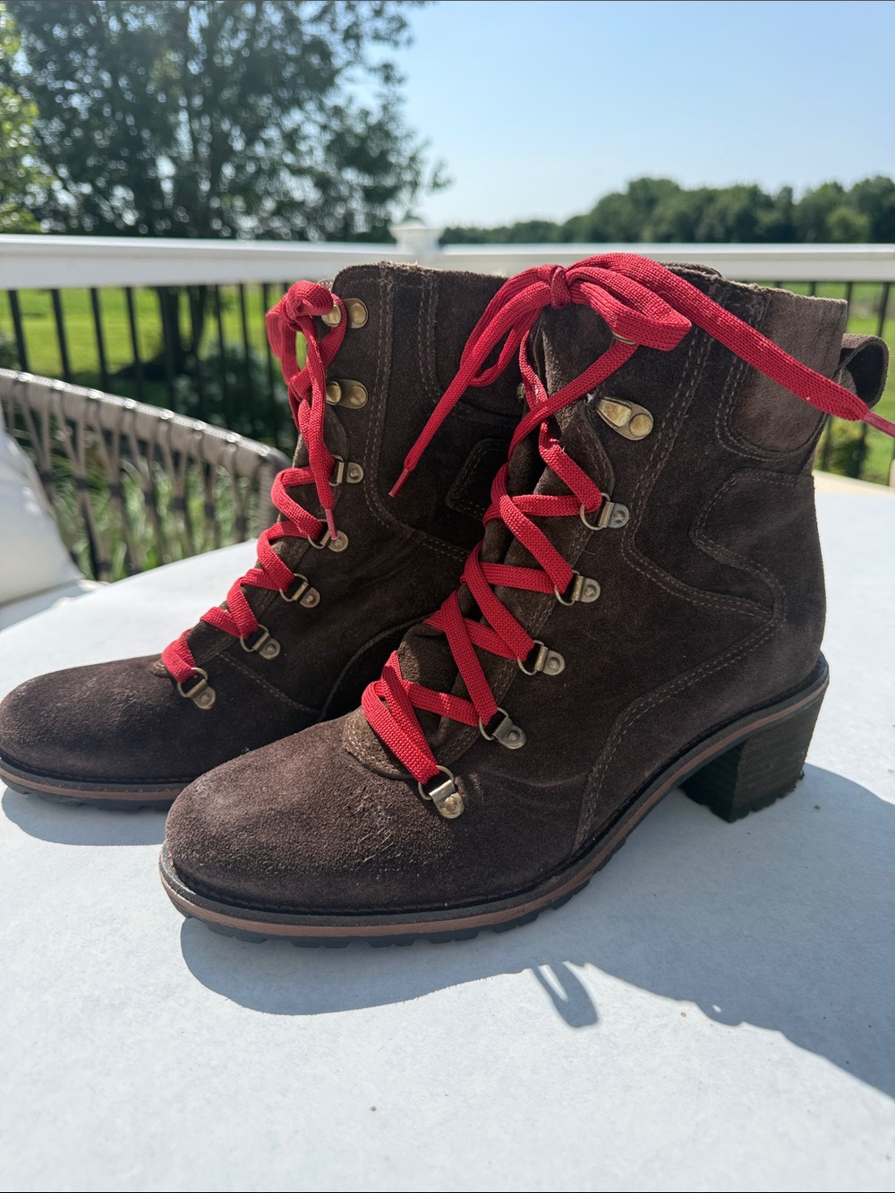 L.L. Bean Brown Suede Lace-Up Ankle Boots with Red Laces